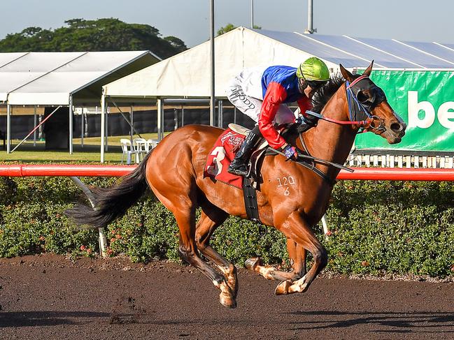 The Gary Clarke-trained Syncline with jockey Jarrod Todd wins the 2022 Palmerston Sprint. Picture: Caroline Camilleri