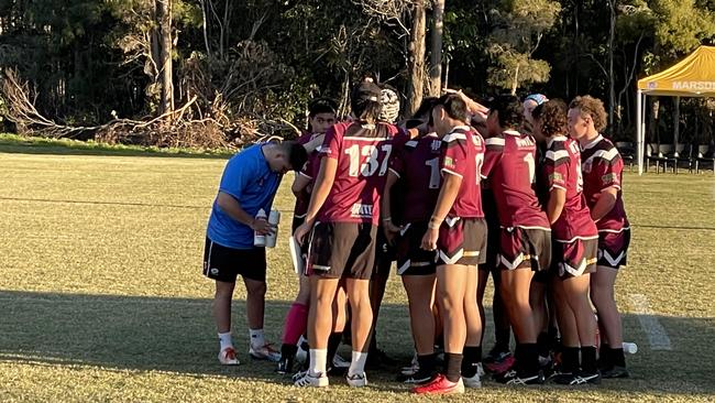 Marsden SHS regroup at halftime in the Walters Cup.