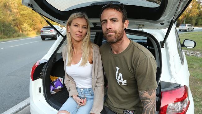 Evacuated locals Rachel and Andrew Sellman wait to hear about when they can return to their home. Picture: Lyndon Mechielsen