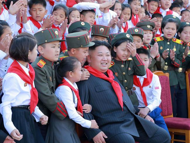 North Korean leader Kim Jong-un at a photo session with the participants in the 8th Congress of the Korean Children's Union in Pyongyang. Picture: AFP