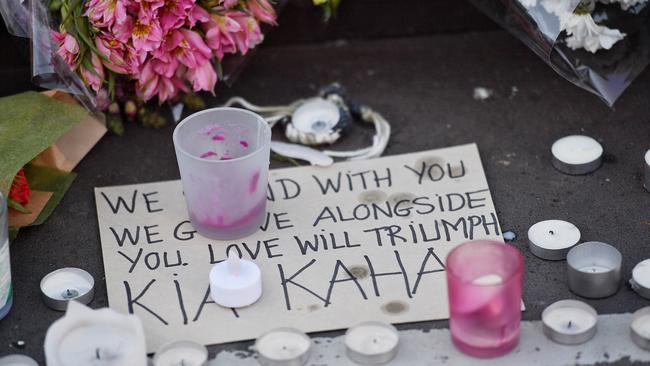 Tributes left at a vigil for victims of the Christchurch massacre in front of Melbourne’s State Library. Picture: Jason Edwards