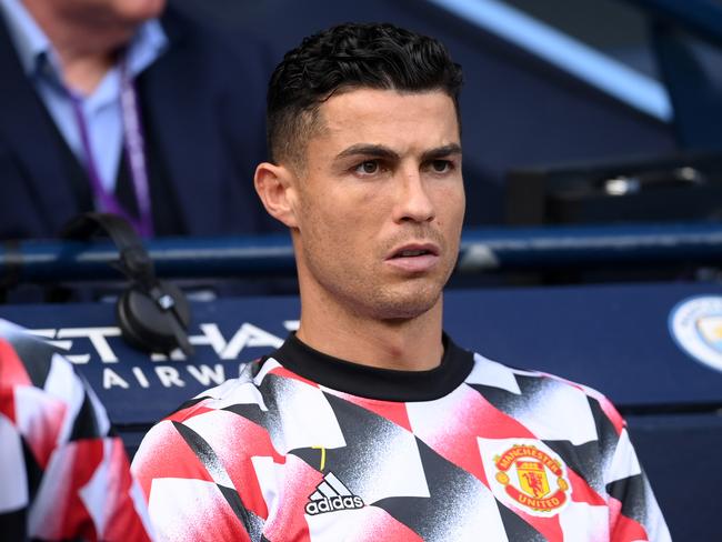 MANCHESTER, ENGLAND - OCTOBER 02: Cristiano Ronaldo of Manchester United looks on during the Premier League match between Manchester City and Manchester United at Etihad Stadium on October 02, 2022 in Manchester, England. (Photo by Laurence Griffiths/Getty Images)