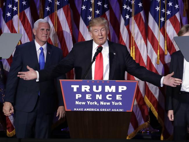 President-elect Donald Trump gives his acceptance speech during his election night rally, Wednesday, Nov. 9, 2016, in New York. (AP Photo/John Locher)