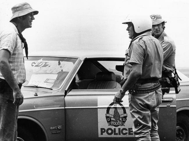 1974/1975: In the aftermath of Tropical Cyclone Tracy there was a shortage of police cars in Darwin. Police helped solve the problem by commandeering this one from a used car yard — you can see the price on the windscreen. The officers simply stuck a sign on the side of the car and drove off. File picture