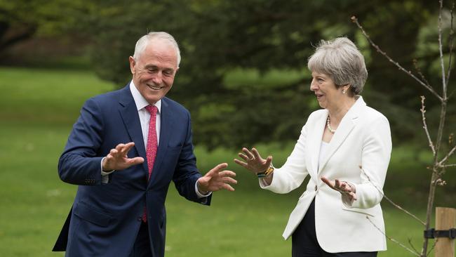 Malcolm Turnbull with Theresa May at Chequers, northwest of London, at the weekend. Picture: AFP