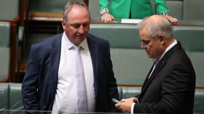 Barnaby Joyce and Scott Morrison in federal parliament. Picture: NCA NewsWire / Gary Ramage