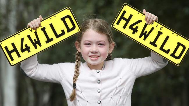 Logan, 8, hopes VicRoads will gift her the custom H4WILD number plate for a wildlife rescue vehicle she is raising money for. Picture: David Caird