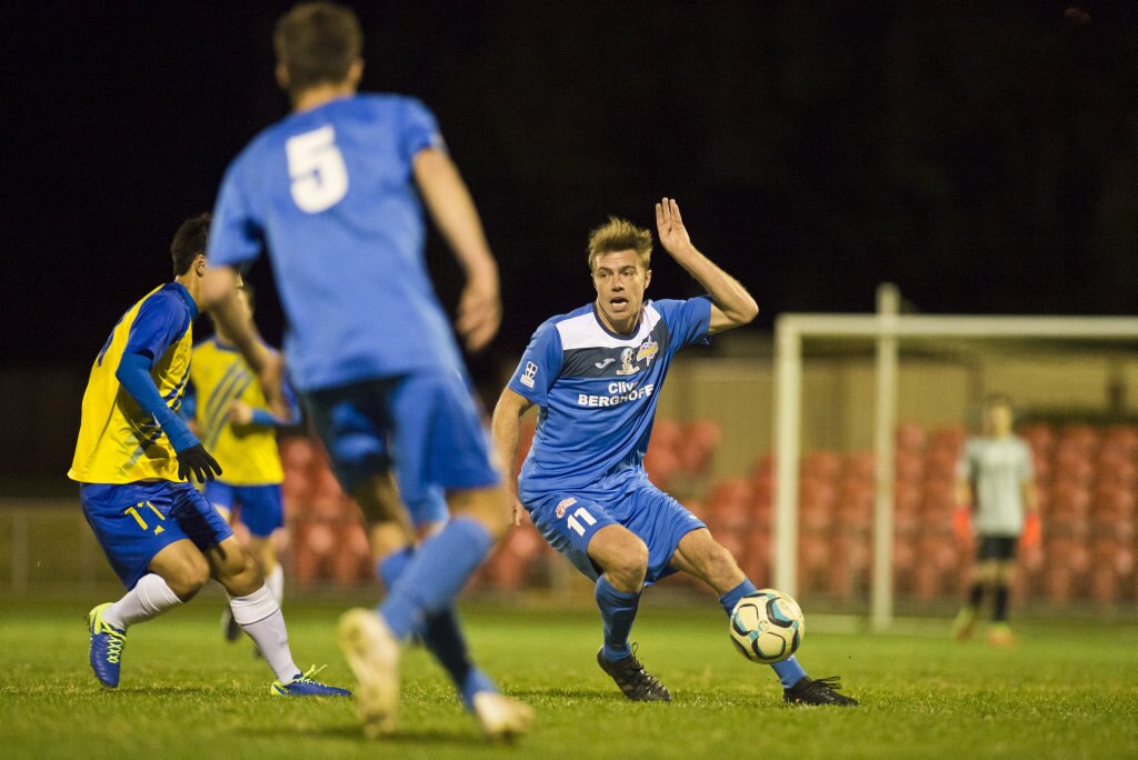 Chris Hatfield for South West Queensland Thunder against Brisbane Strikers in NPL Queensland men round 17 football at Clive Berghofer Stadium, Saturday, June 16, 2018. Picture: Kevin Farmer