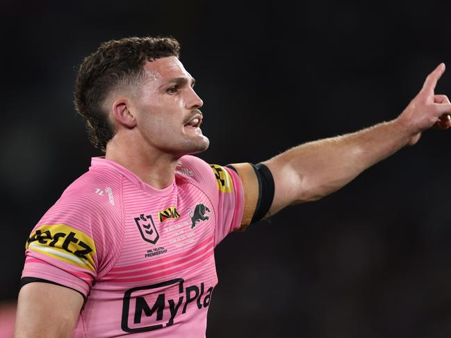 SYDNEY, AUSTRALIA - OCTOBER 06: Nathan Cleary of the Panthers reacts during the 2024 NRL Grand Final match between the Melbourne Storm and the Penrith Panthers at Accor Stadium on October 06, 2024, in Sydney, Australia. (Photo by Cameron Spencer/Getty Images)