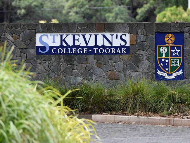 Signage is seen at St Kevin's College in Toorak, Melbourne, Thursday, February 20, 2020. Court action by a teacher has put more pressure on St Kevin's College in Melbourne after the school's headmaster resigned following a child-grooming scandal. (AAP Image/Erik Anderson) NO ARCHIVING