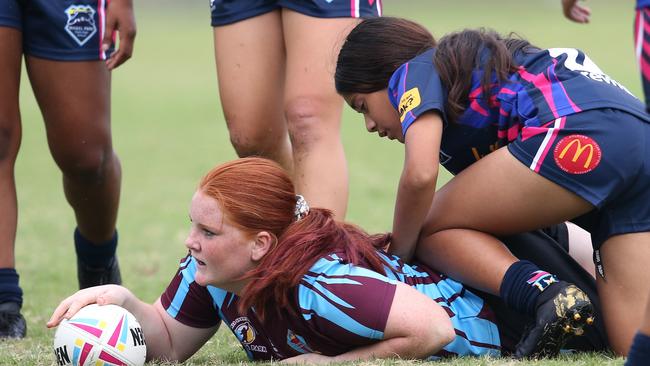 Titans Schools League at Burleigh Bears Junior Rugby League. Year 7/8 Division 1 girls: Keebra Park v Mabel Park. Keebra's Charlize Lewis scores. Picture Glenn Hampson