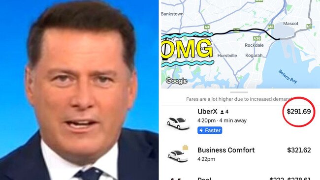 Karl Stefanovic has unleashed on Uber over its surge prices during the Sydney train chaos. Pictures: Today/Channel 9 and Twitter