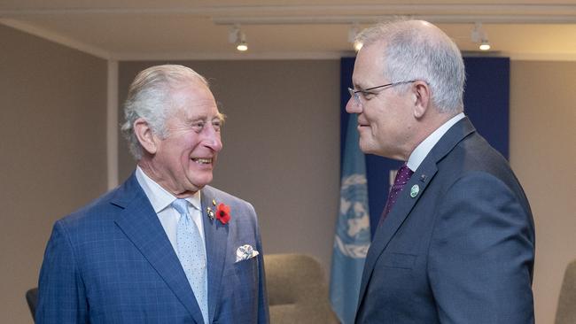 Prince Charles meets with Scott Morrison at the COP26 climate conference in Glasgow. Picture: AFP