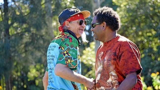 Uncle Andrew from the Aboriginal Land Council and Kai Walker at Kyogle's Reconciliation Day. Picture: Susanna Freymark