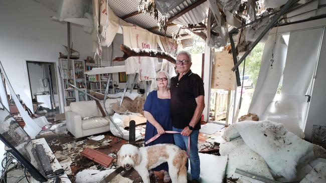 Damage from the storms that brought tornados and flooding rains to Mt Tamborine. Susan and David Hanmore, with dog Gracie, marvel at how lucky they were to escape with minor injuries after a tree went through their home on Kinabalu Drive. Picture Glenn Hampson