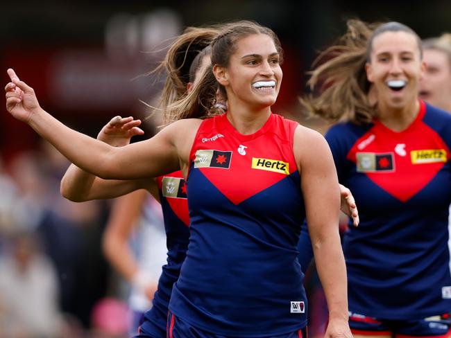 Eliza West was squeezed out of Melbourne’s midfield. Picture: Dylan Burns/AFL Photos via Getty Images