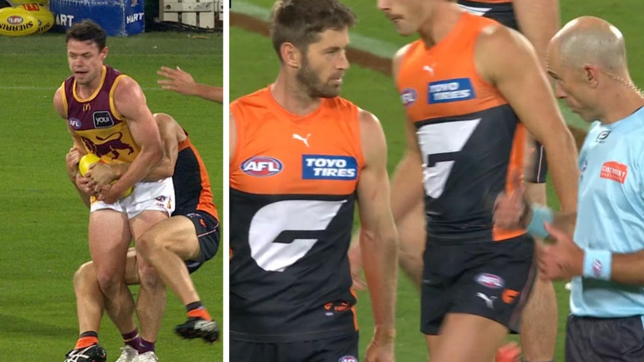 Lachie Neale was taken to ground in a Callan Ward tackle.