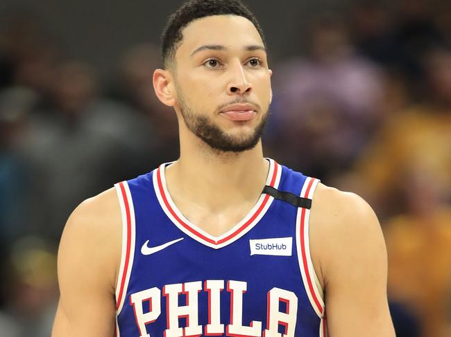 INDIANAPOLIS, INDIANA - JANUARY 13: Ben Simmons #25 of the Philadelphia 76ers watches the action against the Indiana Pacers at Bankers Life Fieldhouse on January 13, 2020 in Indianapolis, Indiana. NOTE TO USER: User expressly acknowledges and agrees that, by downloading and or using this photograph, User is consenting to the terms and conditions of the Getty Images License Agreement.   Andy Lyons/Getty Images/AFP == FOR NEWSPAPERS, INTERNET, TELCOS & TELEVISION USE ONLY ==