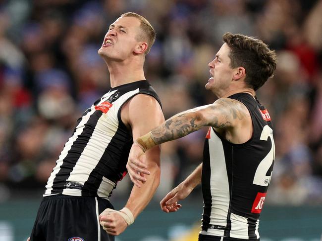 Nathan Kreuger celebrates a goal on King’s Birthday. Picture: Jonathan DiMaggio/Getty Images.