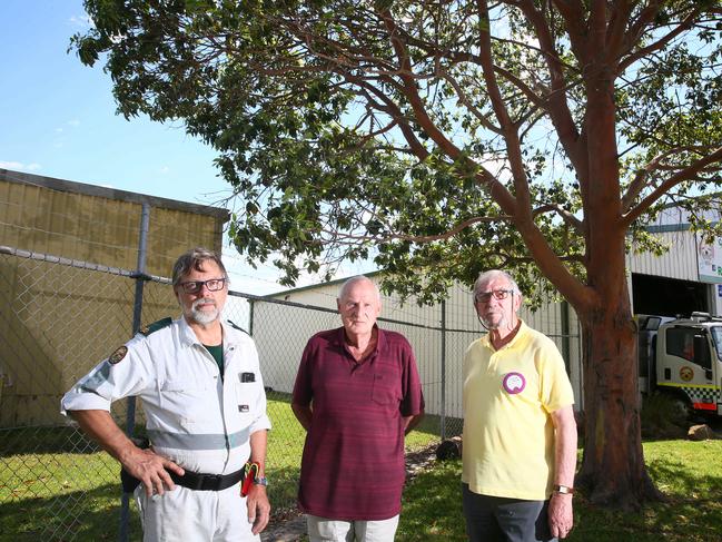 VRA Central Coast Rescue captain Anthony Bliim, Central Coast Poultry president Warwick Saunders and Wyong Lions Colin Slack in front of their buildings on Rose St, Wyong. Picture: AAP /Sue Graham.