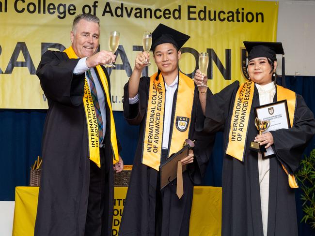 Sean Mahoney Chief executive, Quoc Hao Dinh and Janica Ross Besana receives Student of the year award at the International College of Advanced Education Graduation, May 2025. Picture: Pema Tamang Pakhrin