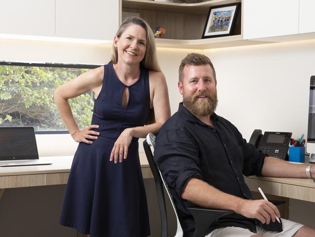 *EMBARGO - STRICTLY DO NOT USE - FOR AT HOME COVER ONLY* - Damian and Anissa Cavanagh run a smart home company, Electronic Living, and have their home office fully set up to benefit from using technology in the home. Picture: Mark Cranitch