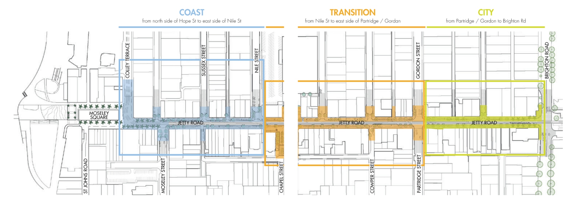 The construction phases of the Jetty Road, Glenelg upgrade are divided into three zones. Photo: Holdfast Bay Council