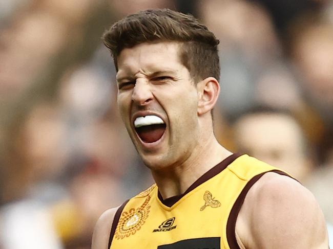 MELBOURNE, AUSTRALIA - JULY 02: Luke Breust of the Hawks celebrates a goal  during the round 16 AFL match between Hawthorn Hawks and Carlton Blues at Melbourne Cricket Ground, on July 02, 2023, in Melbourne, Australia. (Photo by Darrian Traynor/Getty Images)