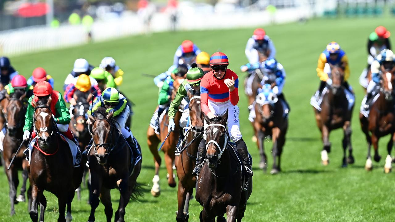 MELBOURNE, AUSTRALIA - NOVEMBER 02: James Mcdonald riding #4 Verry Elleegant wins race 7, the Lexus Melbourne Cup during 2021 Melbourne Cup Day at Flemington Racecourse on November 02, 2021 in Melbourne, Australia. (Photo by Quinn Rooney/Getty Images)