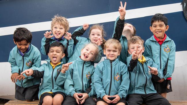Geelong Grammar School preps Back row (left to right): Ridhaan Saraswatt, Xavier Florent, Isabella White, Jack Perrin, Ethan He Front row (left to right): Rian Gakhar, Zoe Wade, Cristian Fabretto, Lachlan McLeod