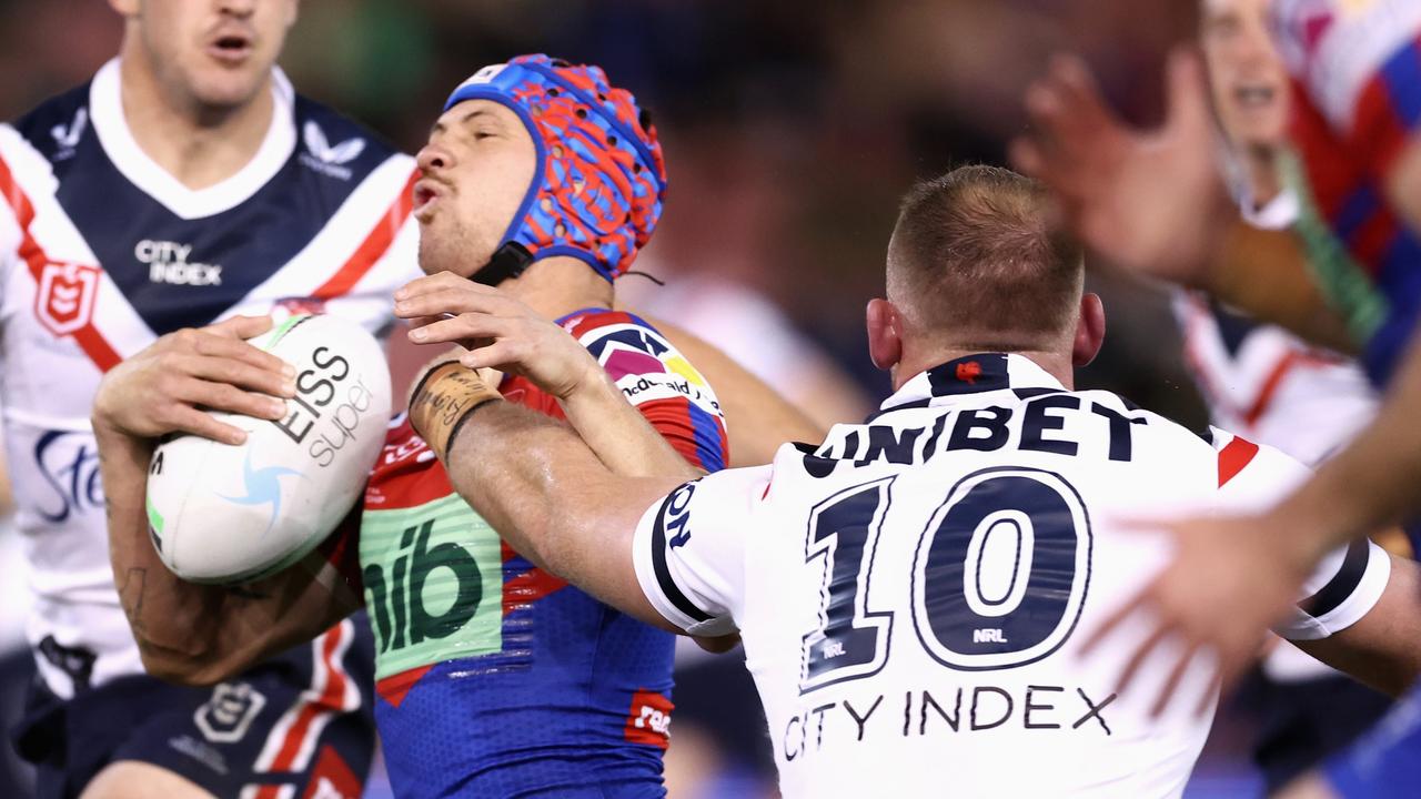 Kalyn Ponga was clipped by Matt Lodge. Picture: Matt King/Getty Images