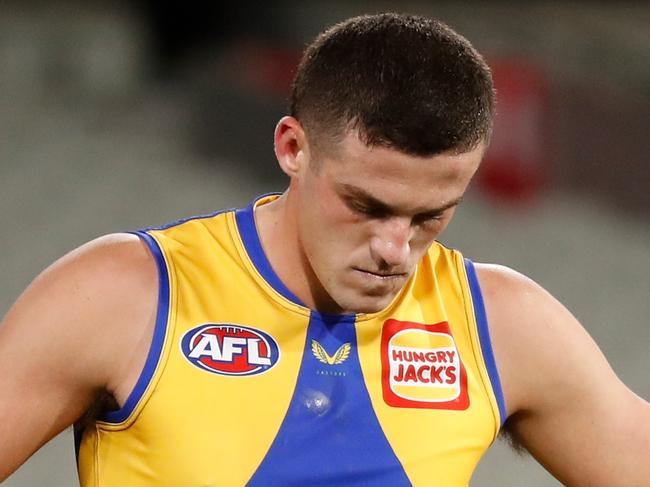 MELBOURNE, AUSTRALIA - JULY 31: Jake Waterman of the Eagles looks dejected after a loss during the 2021 AFL Round 20 match between the Collingwood Magpies and the West Coast Eagles at the Melbourne Cricket Ground on July 31, 2021 in Melbourne, Australia. (Photo by Michael Willson/AFL Photos via Getty Images)