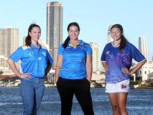 Gold Coast District Rugby Union figures such as Brooklyn Manu (C) and Annaleise Stoyko (L) — pictured with young gun Skylah Samson (14) — have fought to bring new opportunities for women’s rugby to the region. Picture by Richard Gosling