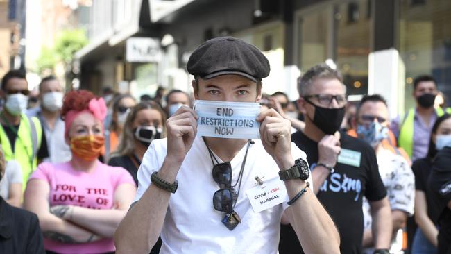 Members of the hospitality sector at the #1in4NoMore protest in Peel Street. Picture: NCA NewsWire / Naomi Jellicoe