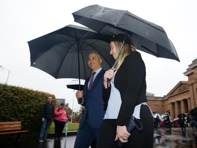 Glen McNamara daughter Jessica McNamara leaving the Supreme Court with her dad’s lawyer Ali Abbas after the sentence was handed down. Picture: Jonathan Ng