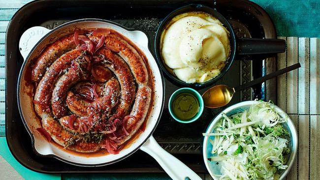 Sausages cooked in onion gravy.