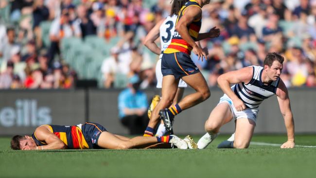 Geelong can’t afford to lose Menegola and Patrick Dangerfield, who is all but certain to be suspended for his bump on Adelaide defender Jake Kelly. Picture: AAP Image/Matt Turner