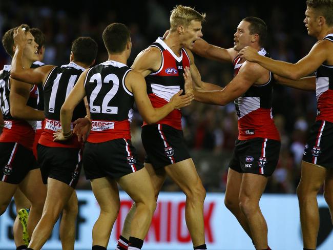 Nick Riewoldt celebrated his 300th match. Picture: George Salpigtidis.