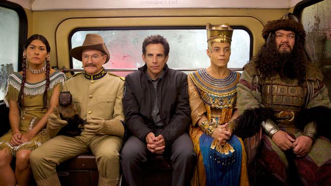 Poignant reminder ... A Night at the Museum: Secret of the Tomb features Robin Williams in one of his final performances. He’s pictured here with Mizuo Peck, Ben Stiller, Rami Malek and Patrick Gallagher.