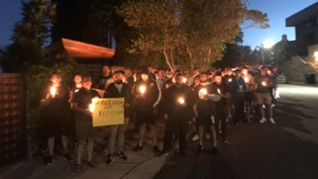 A rally outside Malcolm Turnbull’s Point Piper home after Christians were targeted. (Pic: Giovanni Portelli)