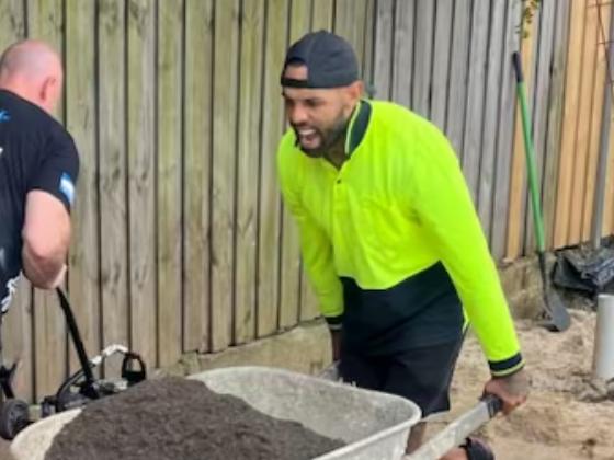 Sacked Canterbury Bulldogs winger Josh Addo-Carr working on a building site in Sydney.