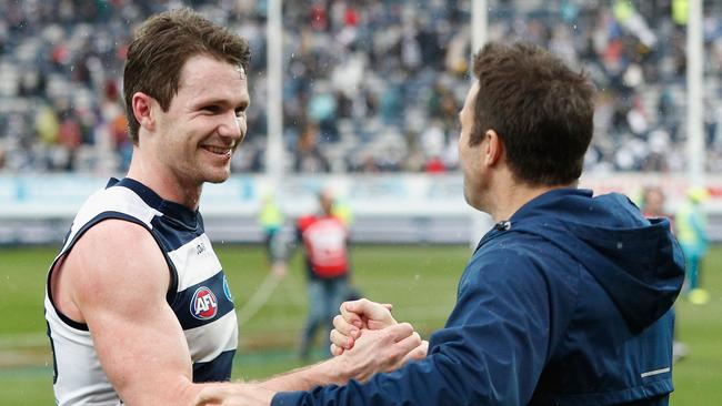 Chris Scott and Patrick Dangerfield love it when the Cats play at Simonds Stadium. Picture: Getty Images