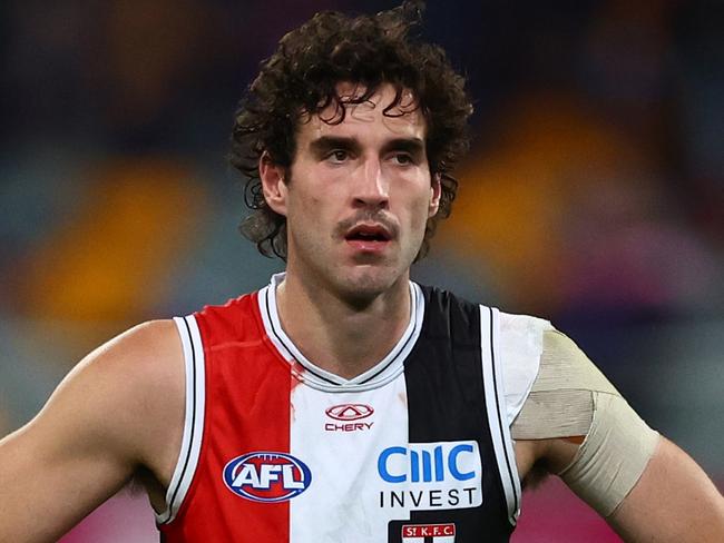 BRISBANE, AUSTRALIA - JUNE 14: Max King of the Saints looks on after the round 14 AFL match between Brisbane Lions and St Kilda Saints at The Gabba, on June 14, 2024, in Brisbane, Australia. (Photo by Chris Hyde/AFL Photos/via Getty Images)