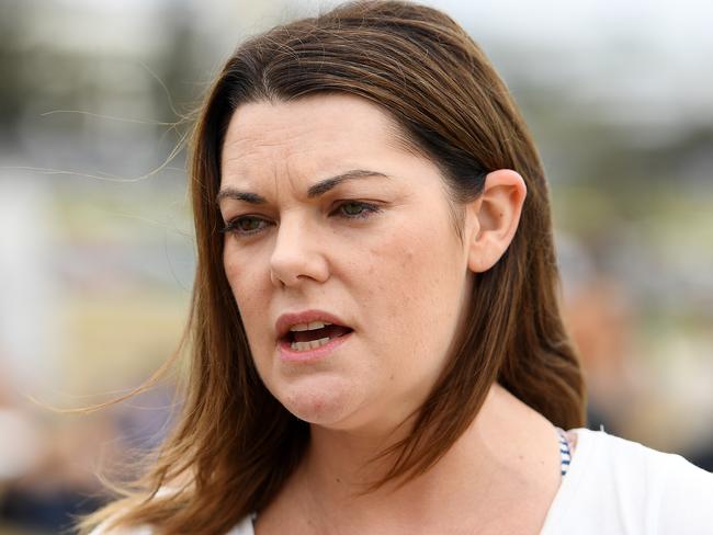 Sarah Hanson-Young speaks to media ahead of a paddle out rally at Bondi Beach, Sydney, Saturday, November 23, 2019, in opposition to now-abandoned plans by Norwegian oil company Equinor to drill in the waters off the Great Australian Bight. Photo: Dan Himbrechts / AAP.