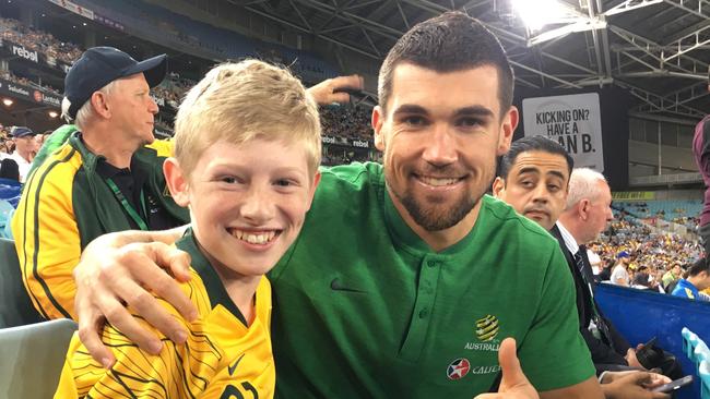 Socceroos goalkeeper Mat Ryan with James on Tuesday night.