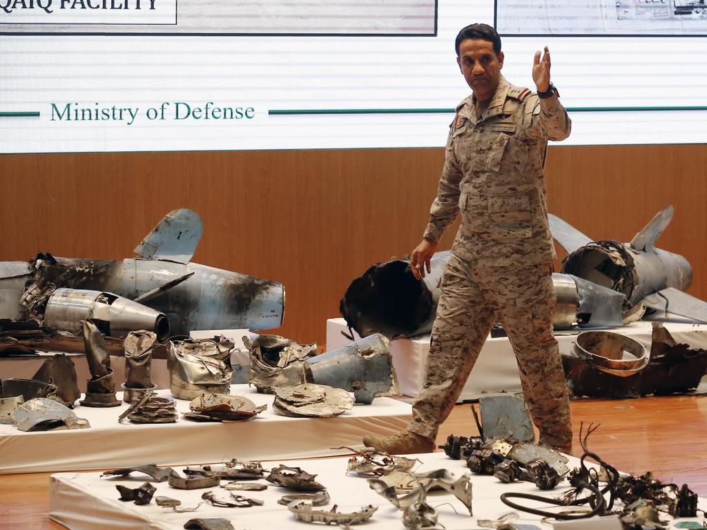 Saudi military spokesman Colonel Turki al-Malki displays what he describes as an Iranian cruise missile and drones used in an attack this weekend that targeted the heart of Saudi Arabia's oil industry, during a press conference in Riyadh, Saudi Arabia Picture: AP/Amr Nabil.