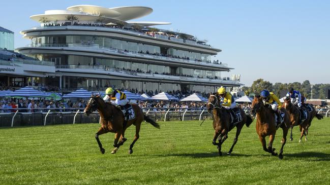 Mark Twain (Michael Dee) books his ticket into the Melbourne Cup by winning the Roy Higgins Quality at Flemington in March. Picture: Vince Caligiuri / Getty Images