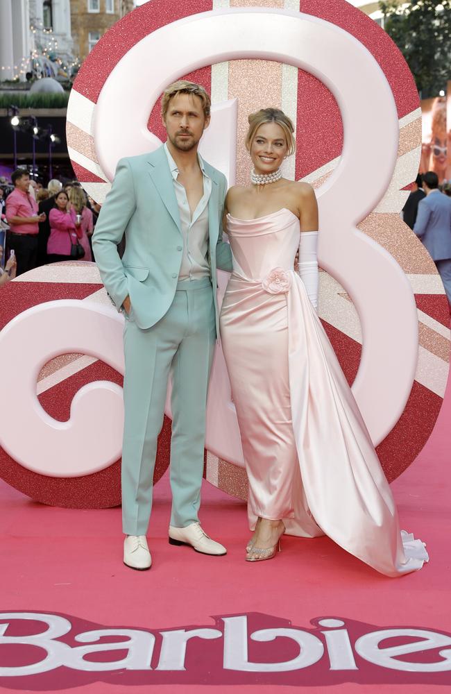 Gosling and Robbie both donned pastel colours for the big event. Picture: John Phillips/Getty Images for Warner Bros.