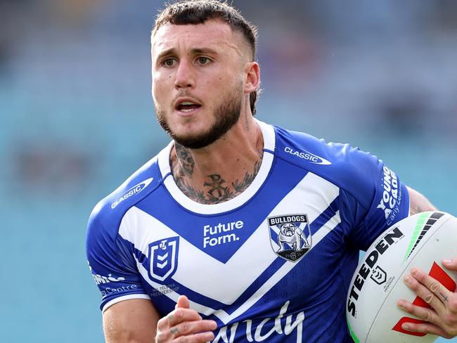 SYDNEY, AUSTRALIA - MAY 04: Bronson Xerri of the Bulldogs runs the ball during the round nine NRL match between Canterbury Bulldogs and Wests Tigers at Accor Stadium, on May 04, 2024, in Sydney, Australia. (Photo by Brendon Thorne/Getty Images)