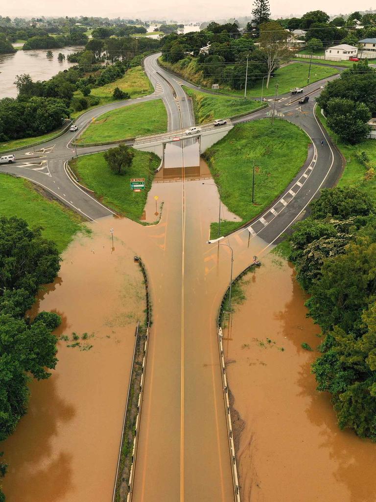 The February 2022 disaster, in which floodwaters at the regional city reached their second highest level ever, “was the first big flood I could … get footage of”, Mr Clough said. Pictures: Infinity Flights Photography.